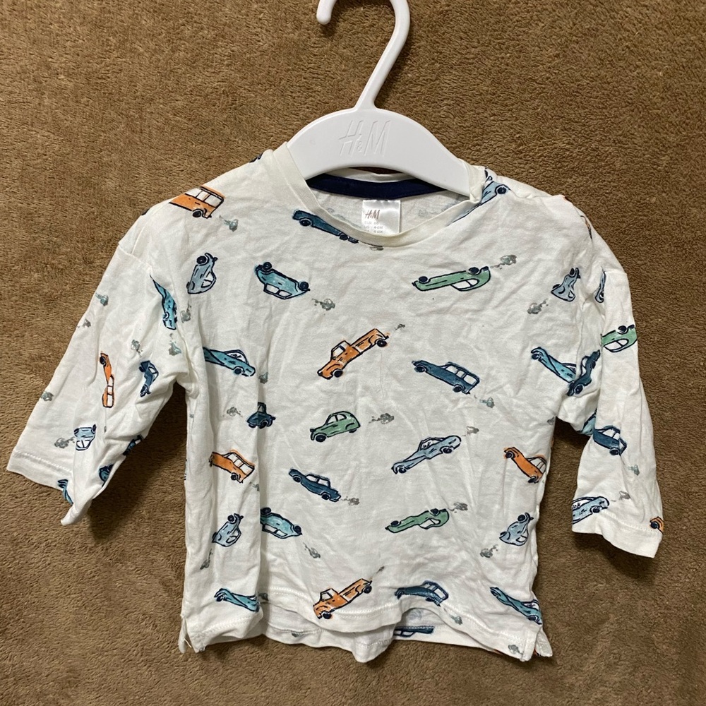 H&M Kids Car Print LS JERSEY-Shirt - White 4-6 mos
